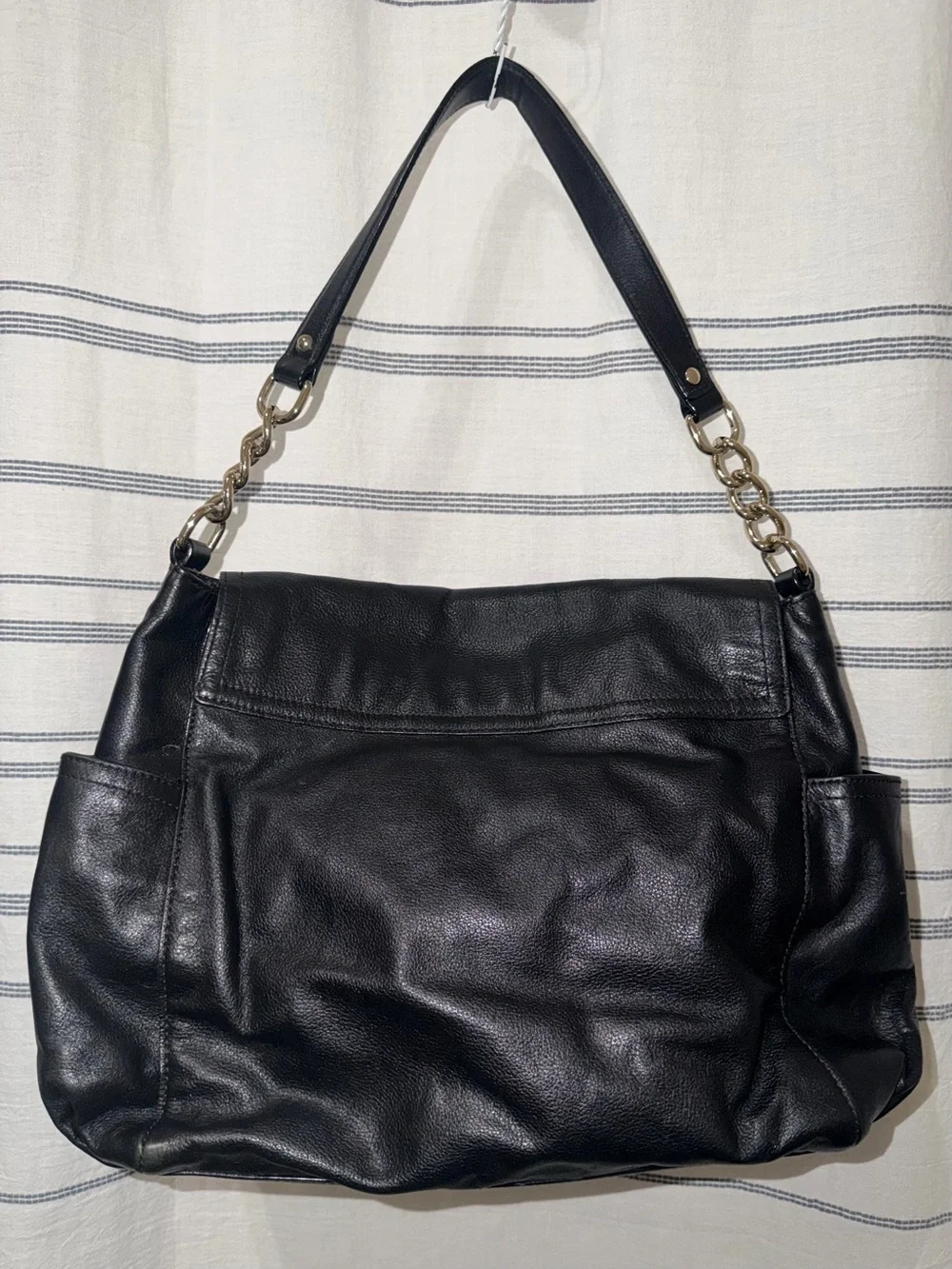 Kate Spade Black Pebbled Leather Flap Shoulder Bag Gold Chain S363 Polka Dot